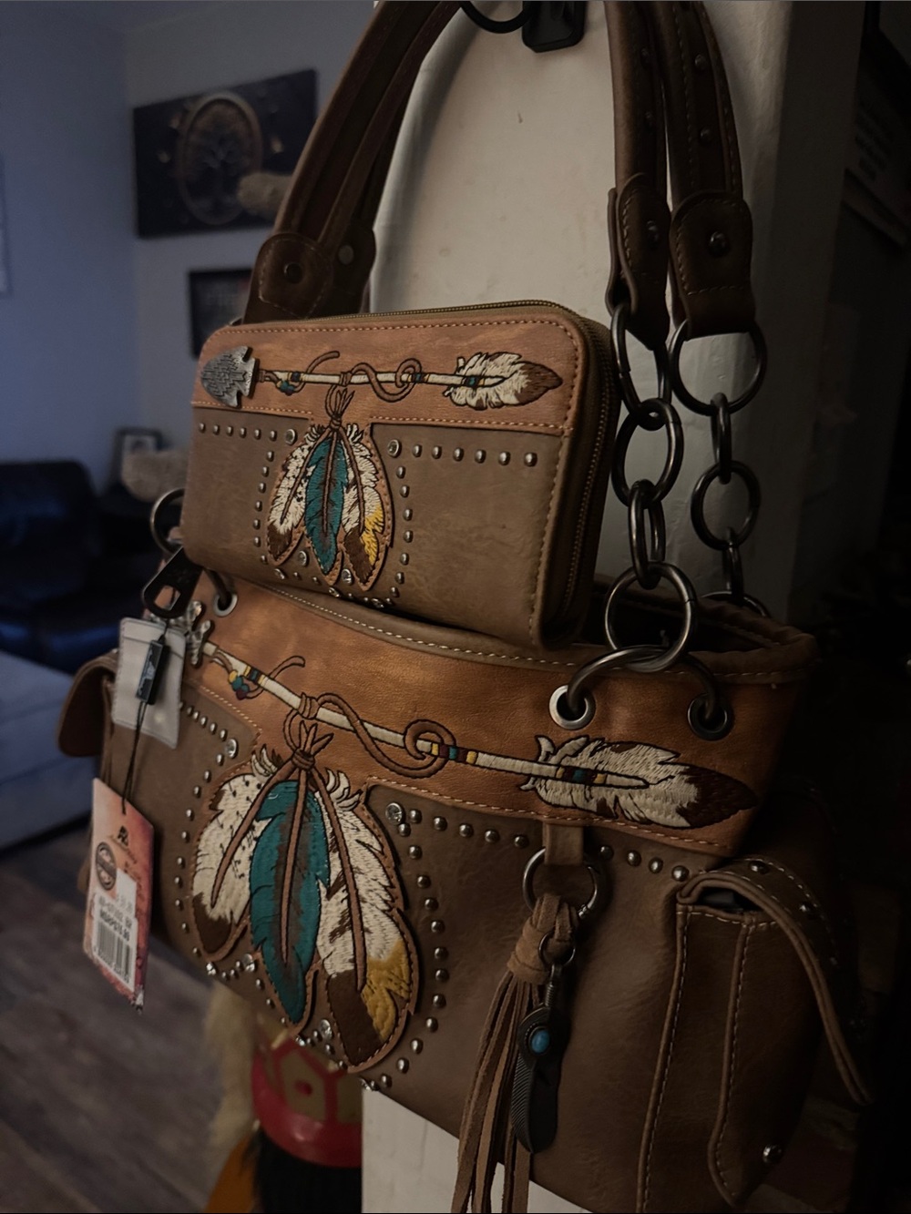 Tan Embroidered Feather Shoulder Bag with Stud and Tassel Detail - Picture 5 of 11